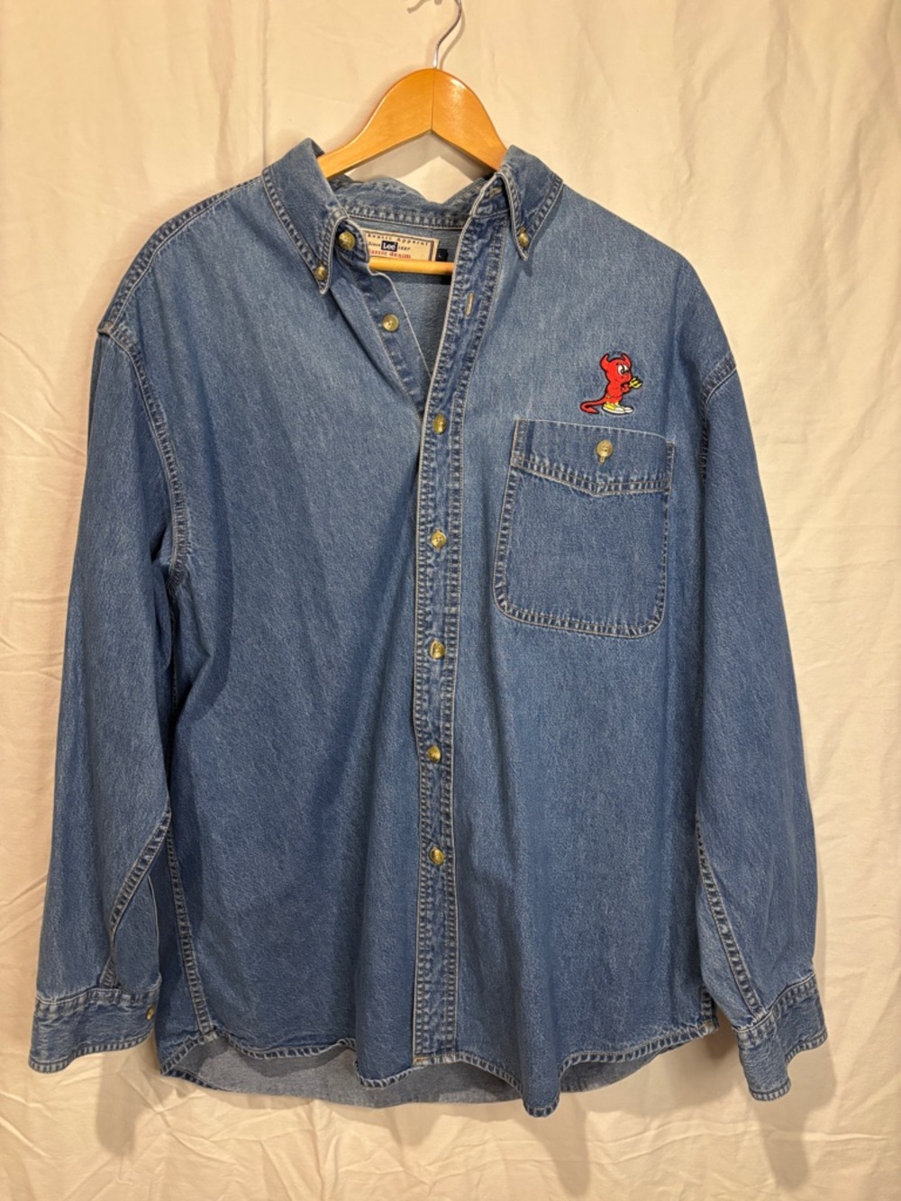 Vintage Lee Denim Button Up Shirt Embroidered Devil Graphic